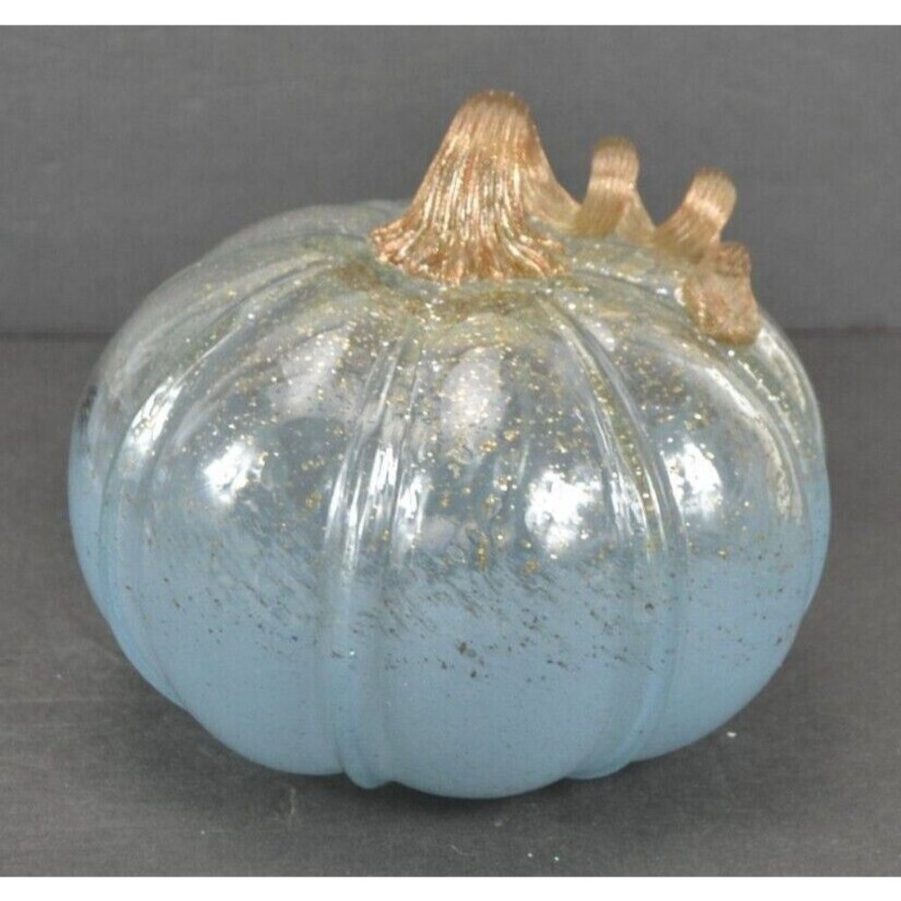 Hand Blown Art Glass Pumpkin Blue and Clear Fall Home Decor 7” Diameter 6" Tall